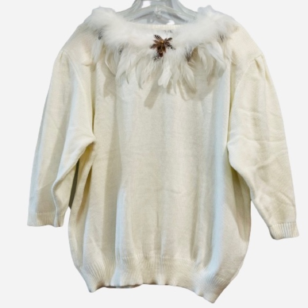 Vintage Feather Embellished White Pullover Sweater Detachable Collar Size 22W